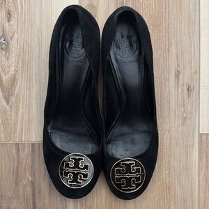 Tory Burch Black Suede Heels with Gold Logo